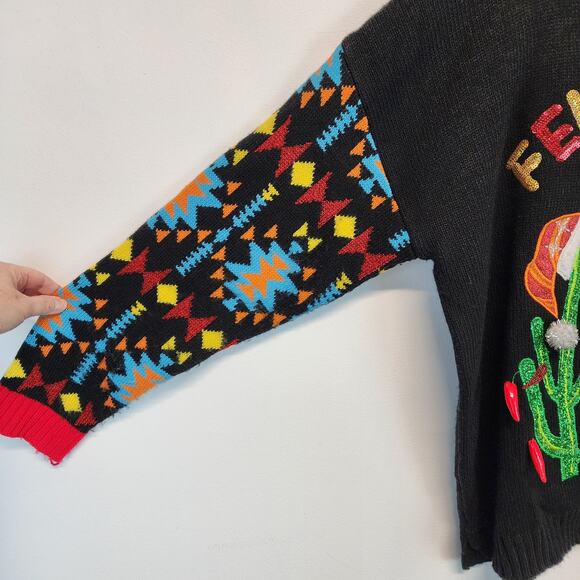 Ugly Christmas Sweater Size XL Feliz Navidad Cactus Bells Llama Aztec Sleeves - Picture 4 of 10